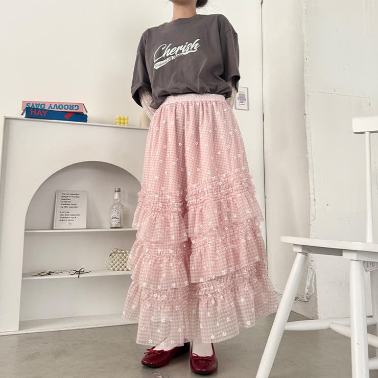 チェックフラワーフリルチュールロングスカート | Outfitter lab | 詳細画像36 