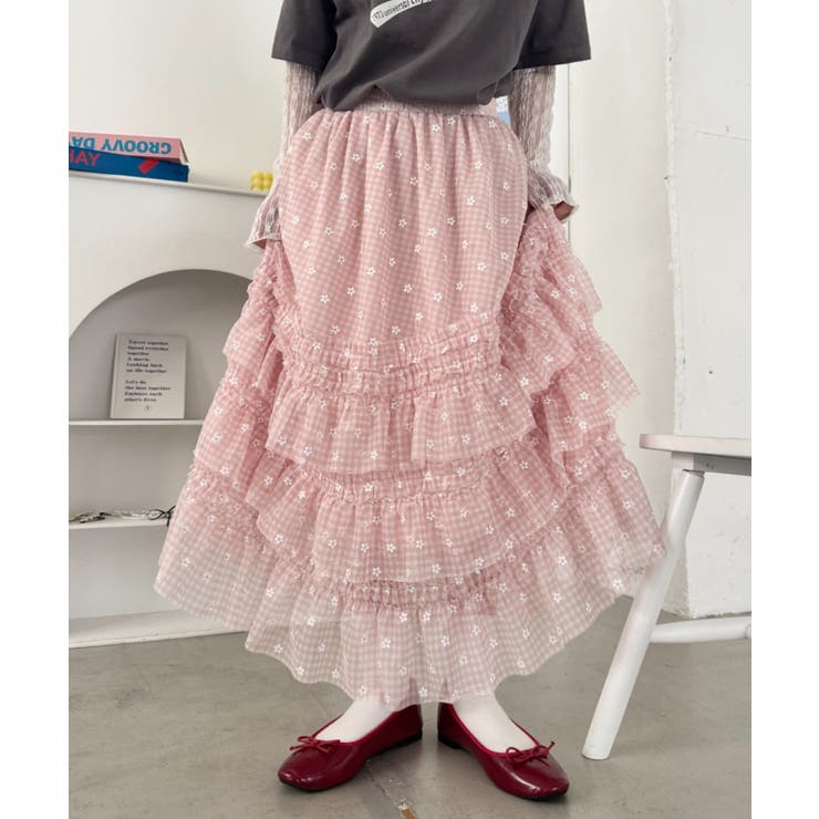 ピンク | チェックフラワーフリルチュールロングスカート | Outfitter lab