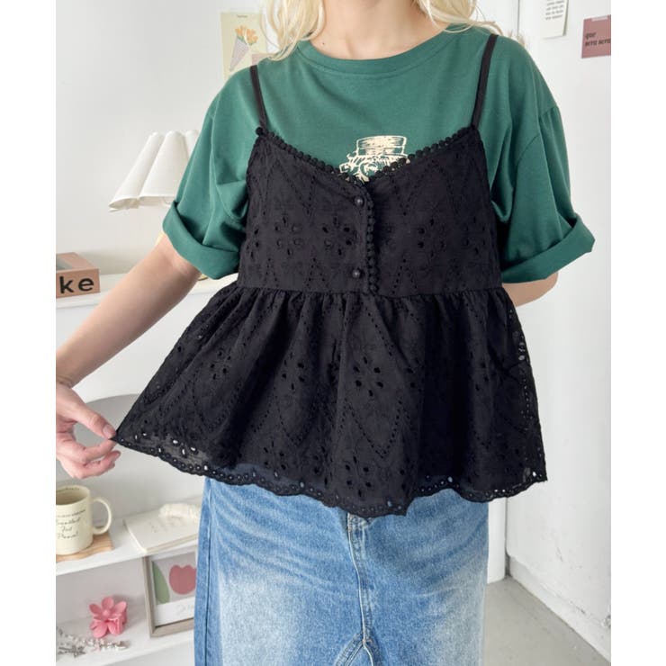 ブラック | パンチングフラワーレースキャミソール | Outfitter lab
