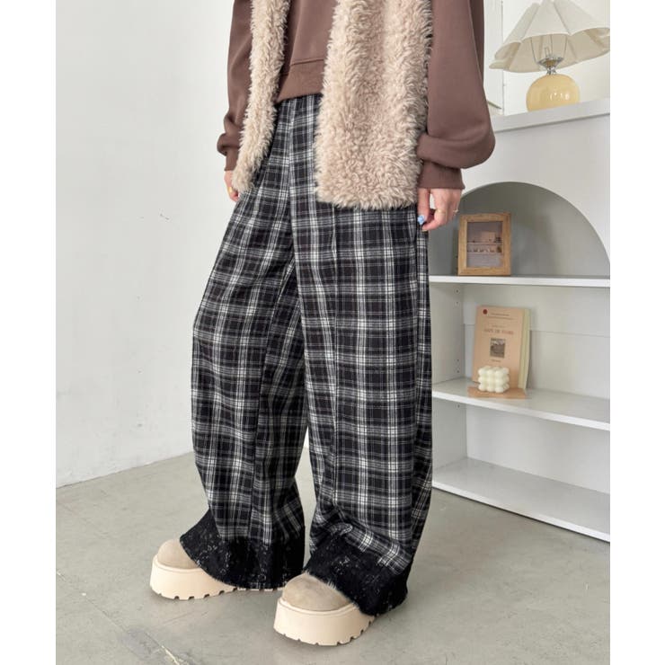 ブラック | 裾レースチェックパンツ | Outfitter lab