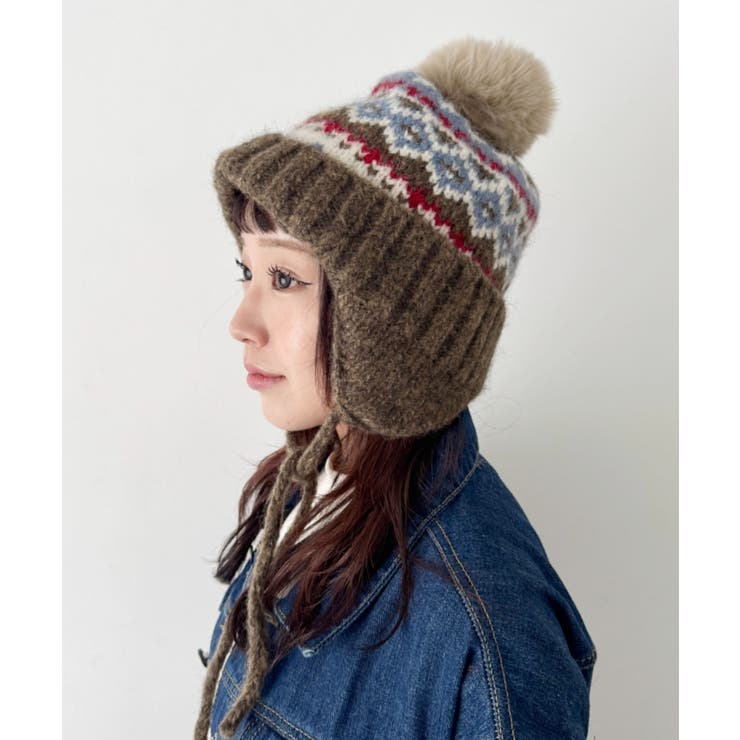 カーキ | ノルディック柄イヤーフラップニットキャップ | Outfitter lab