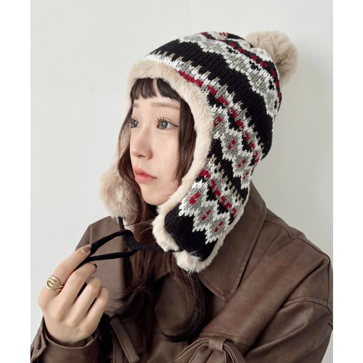 ブラック | ノルディック柄イヤーフラップファーニットキャップ | Outfitter lab
