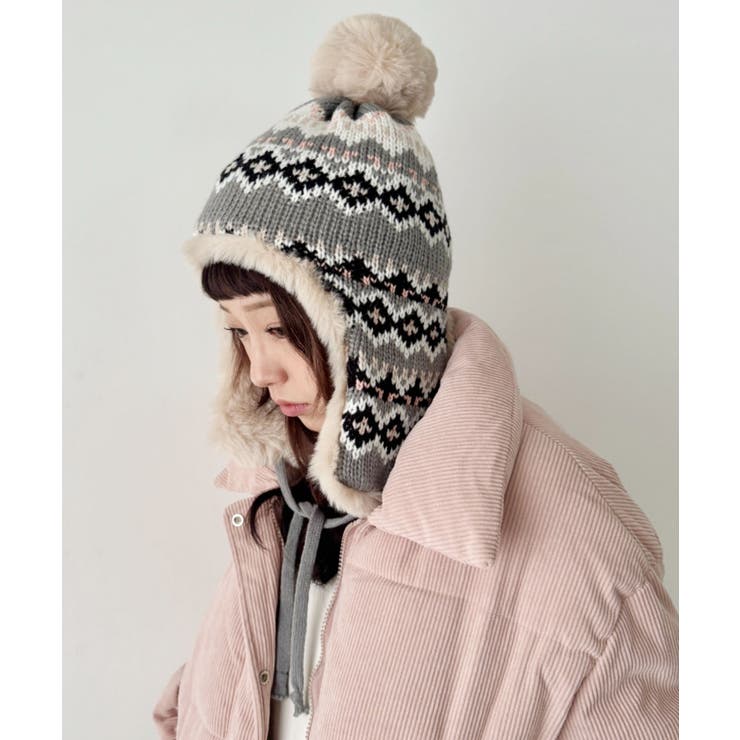 グレー | ノルディック柄イヤーフラップファーニットキャップ | Outfitter lab