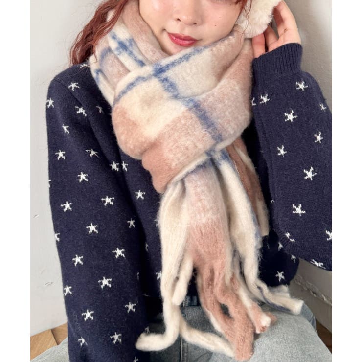 ベージュ | ふわふわパステルチェックマフラー | Outfitter lab