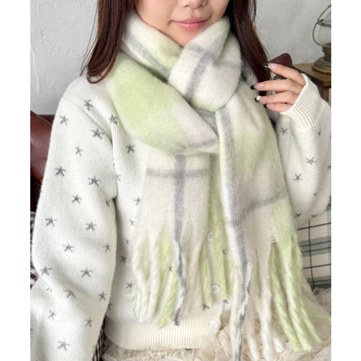 グリーン | ふわふわパステルチェックマフラー | Outfitter lab