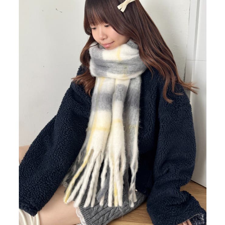 グレー | ふわふわパステルチェックマフラー | Outfitter lab