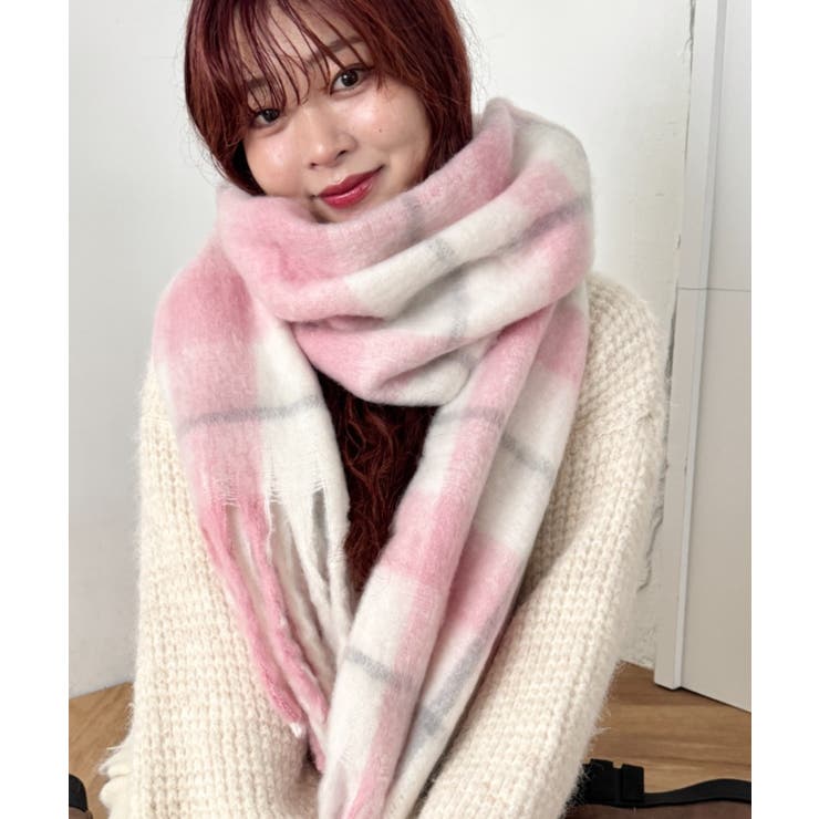 ♡確認用♡フリースマフラー♡ピンク♡ハンドメイド♡パール♡ ふわふわパステルチェックマフラー[品番：OUTW0001325]｜Outfitter lab