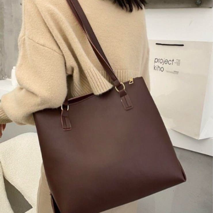 A4収納可】無地フェイクレザーZIPトートバッグ[品番：OUTW0000122