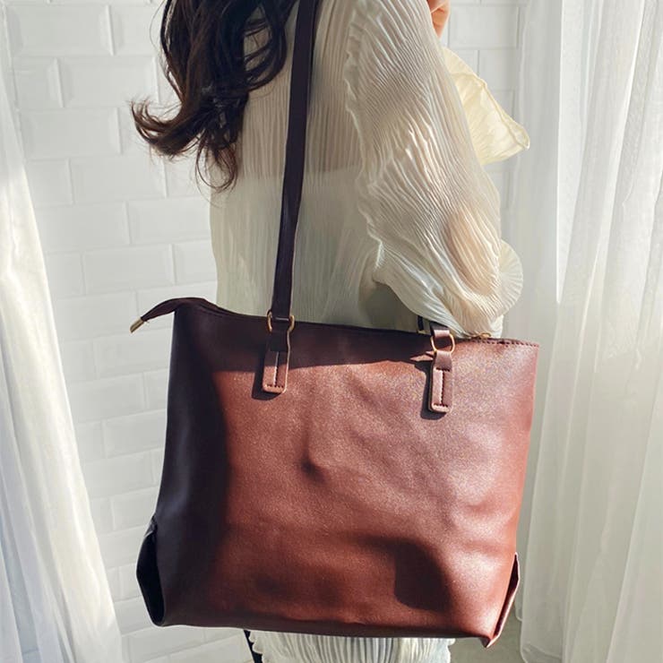 ウエアハウス　レザードール　ブラック つー A4収納可】無地フェイクレザーZIPトートバッグ[品番：OUTW0000122