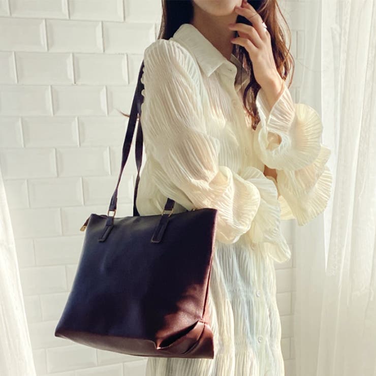 A4収納可】無地フェイクレザーZIPトートバッグ[品番：OUTW0000122