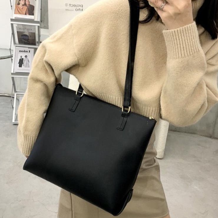 A4収納可】無地フェイクレザーZIPトートバッグ[品番：OUTW0000122