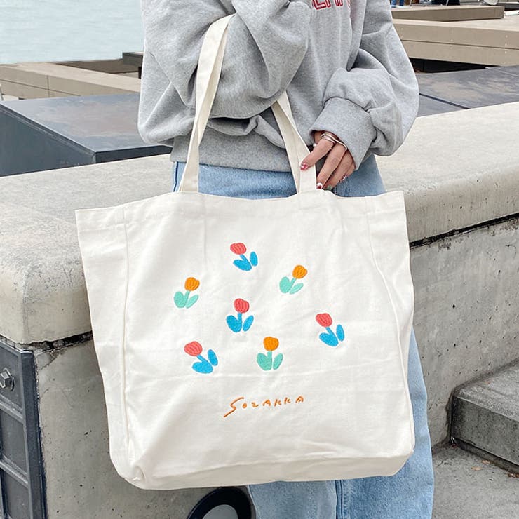 A4収納可】フラワー刺繍トートバッグ[品番：OUTW0000124