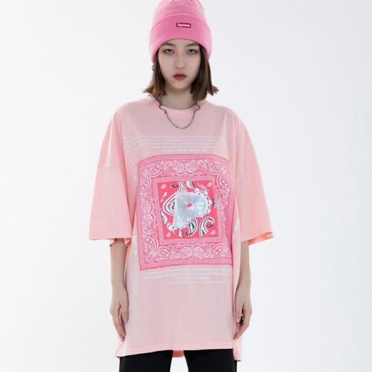 ピンク】ペイズリー配色ビッグTシャツ ストリートファッション メンズ
