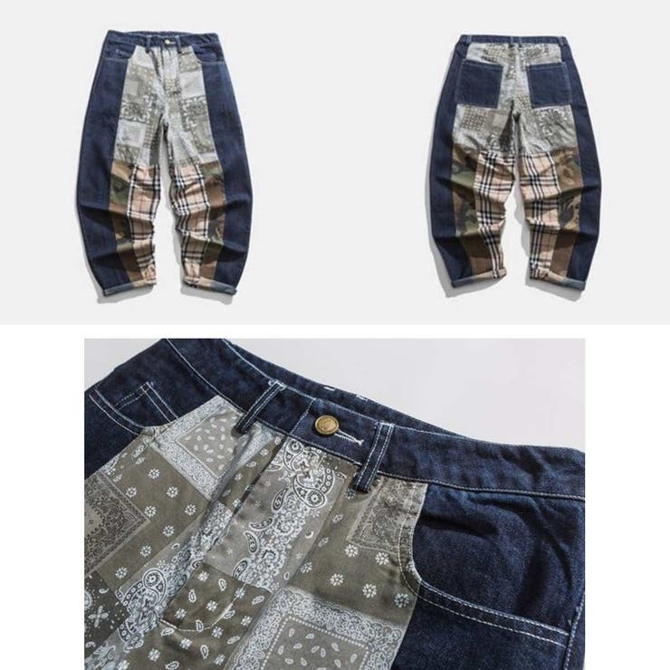 ペイズリーチェックパッチワーク切り替えデニムパンツ ストリート系