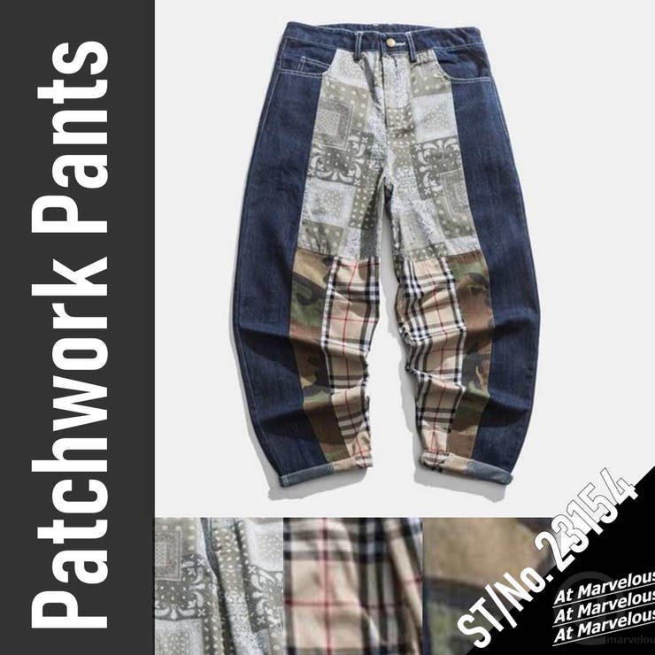 ペイズリーチェックパッチワーク切り替えデニムパンツ ストリート系