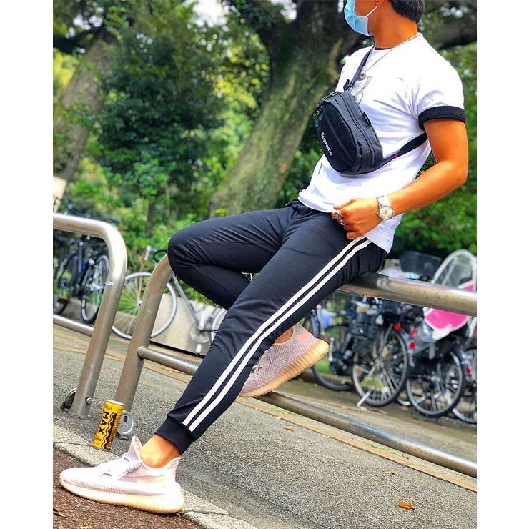 メンズラインスエットパンツジョガーパンツ/9分丈スウェットパンツ細身くるぶし丈ラインパンツ