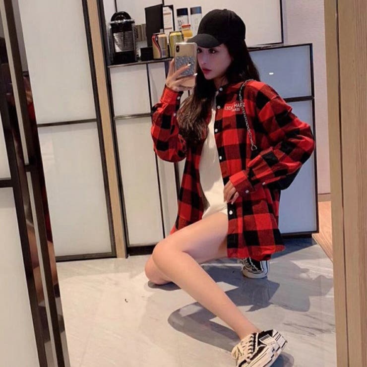 クマさんチェックシャツ ビッグシャツ レディース[品番：AMVW0000144