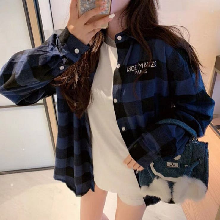 クマさんチェックシャツ ビッグシャツ レディース[品番：AMVW0000144