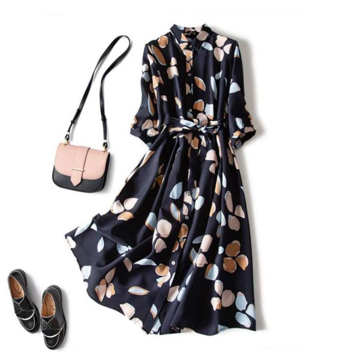 ネイビー | レトロ花柄ワンピース 幾何学花柄 レディース ミモレ丈 シャツワンピース | Belle Cie