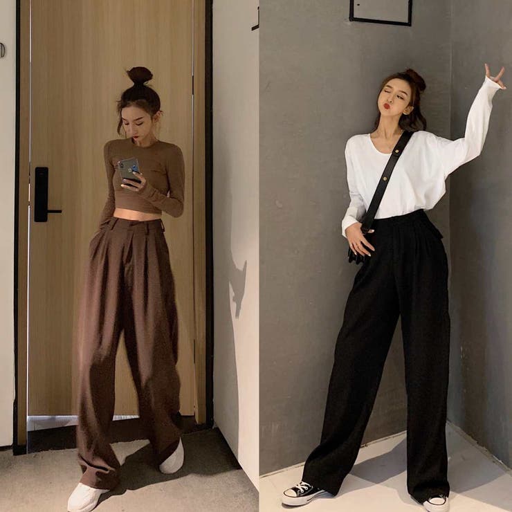 タック入りワイドパンツ レディース 韓国ファッション[品番