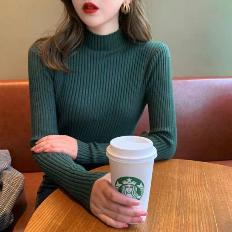 グリーン | ハイネック テレコ Tシャツ | Belle Cie