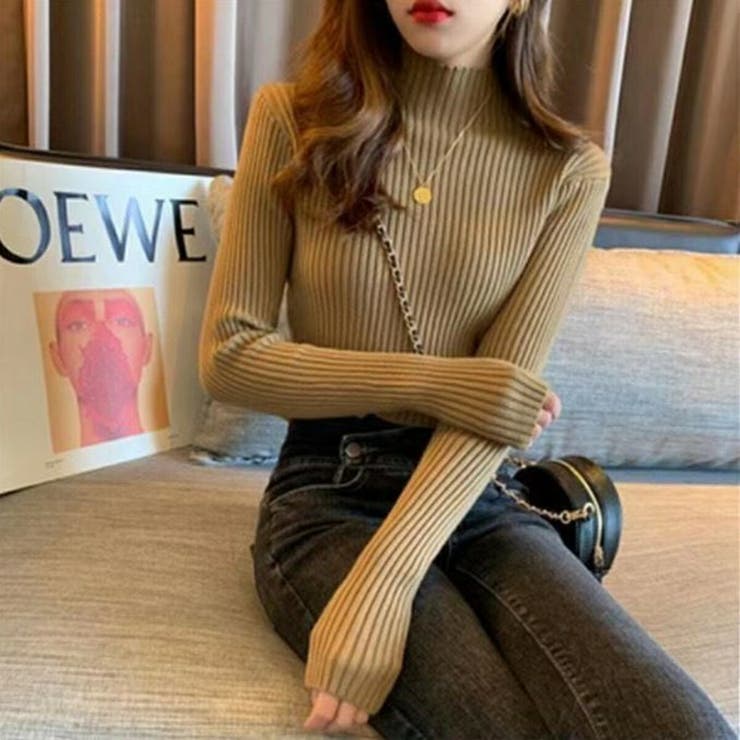 ベージュ | ハイネック テレコ Tシャツ | Belle Cie