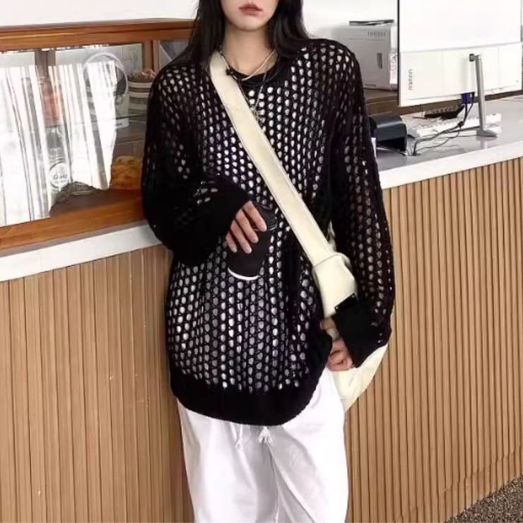 ブラック | ニット トップス 透かし編みメッシュ | Belle Cie