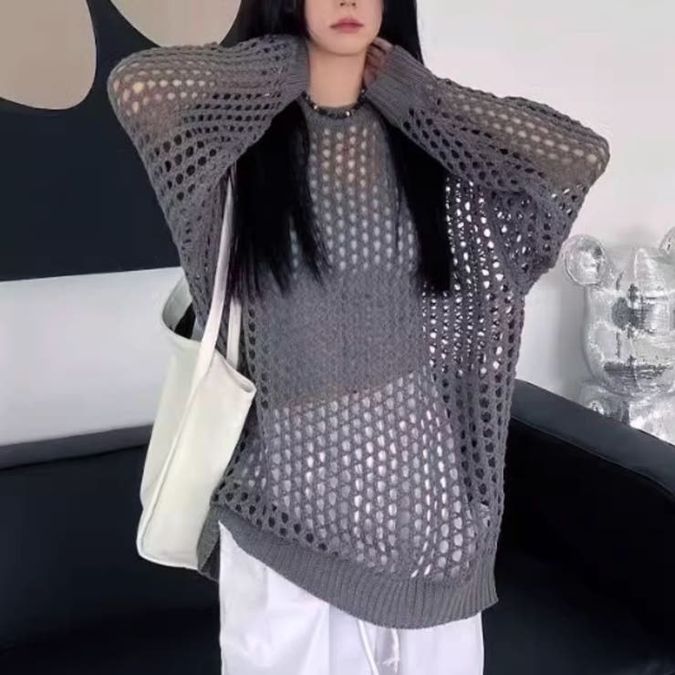 グレー | ニット トップス 透かし編みメッシュ | Belle Cie