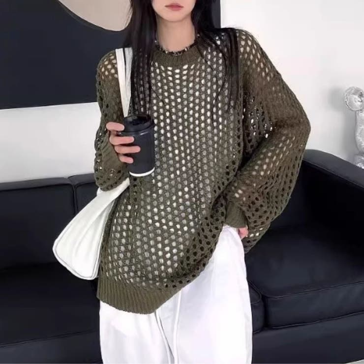 カーキ | ニット トップス 透かし編みメッシュ | Belle Cie