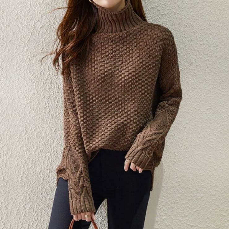 ブラウン | ニット ハイネック ケーブル | Belle Cie
