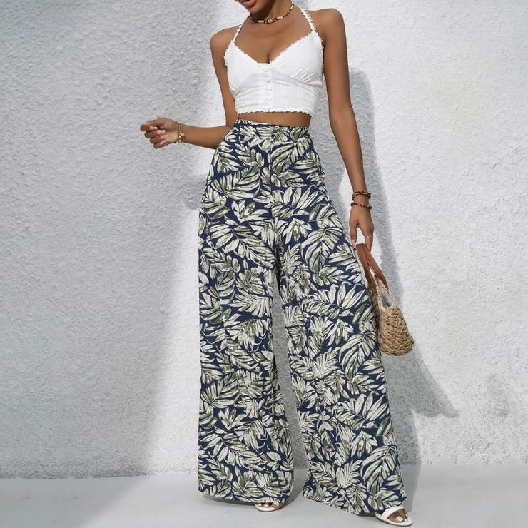 ネイビー | ワイドパンツ ウエストゴム 総柄 | Belle Cie