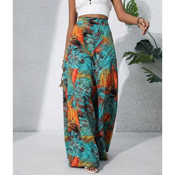 オレンジ | ワイドパンツ ウエストゴム 総柄 | Belle Cie