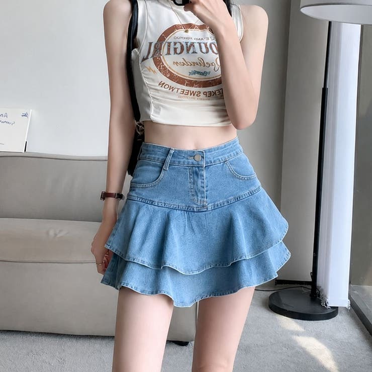 サックス | スカパン ティアード デニムパンツ | Belle Cie