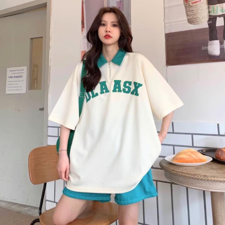 アイボリー | Tシャツ ハーフジップ 半袖 | Belle Cie