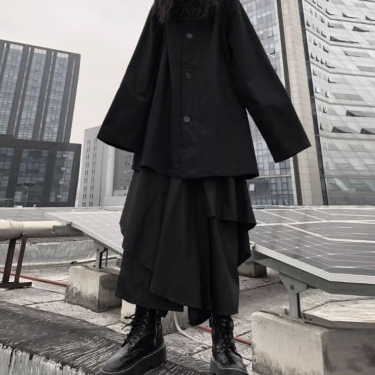 レイヤードフレアパンツ レディース 黒 ワイドパンツ モード系