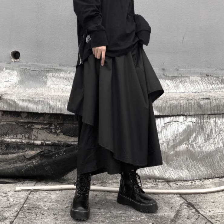 レイヤードフレアパンツ レディース 黒 ワイドパンツ モード系