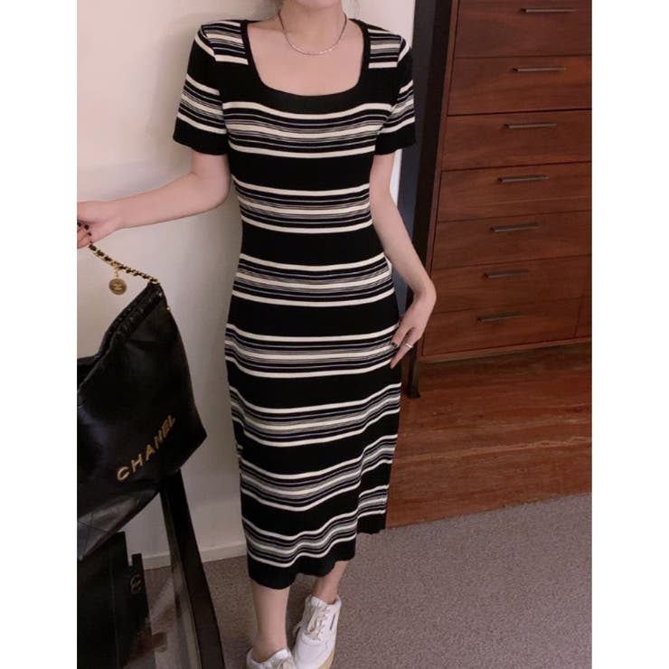 ブラック | ワンピース ミディ丈 半袖 | Belle Cie