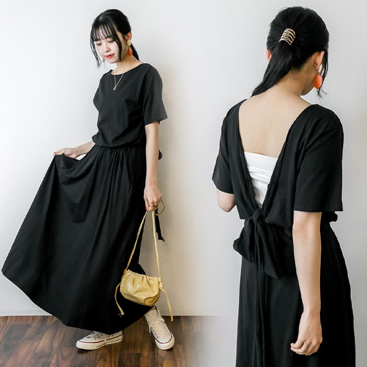 ブラック | バックオープンカシュクールカットワンピース | atONE