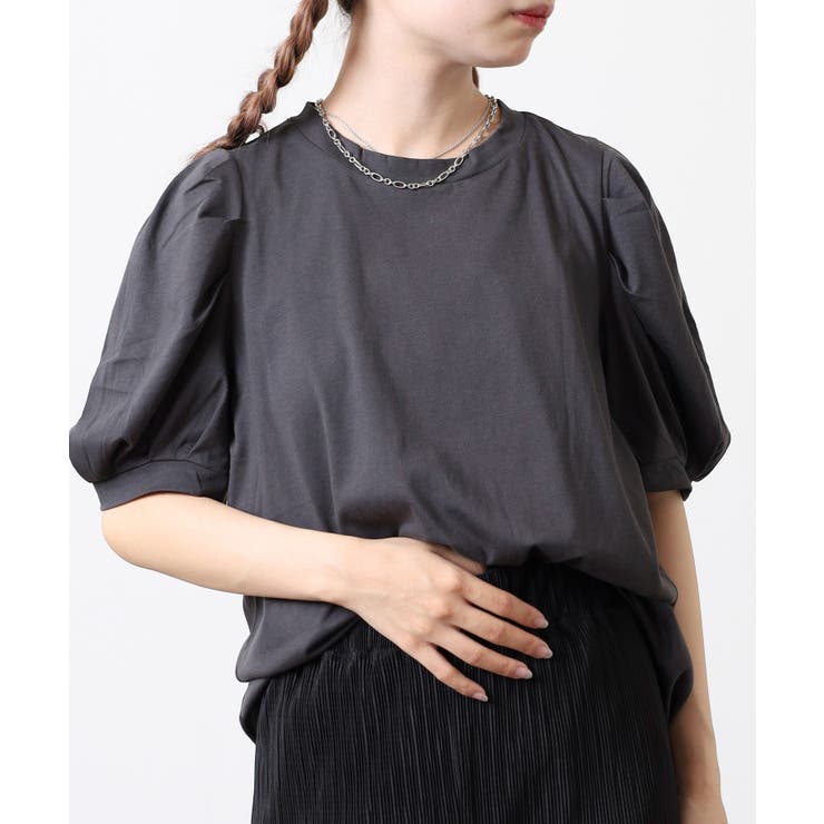 チャコールグレー | ラウンドネックパフスリーブ半袖Tシャツ | atONE
