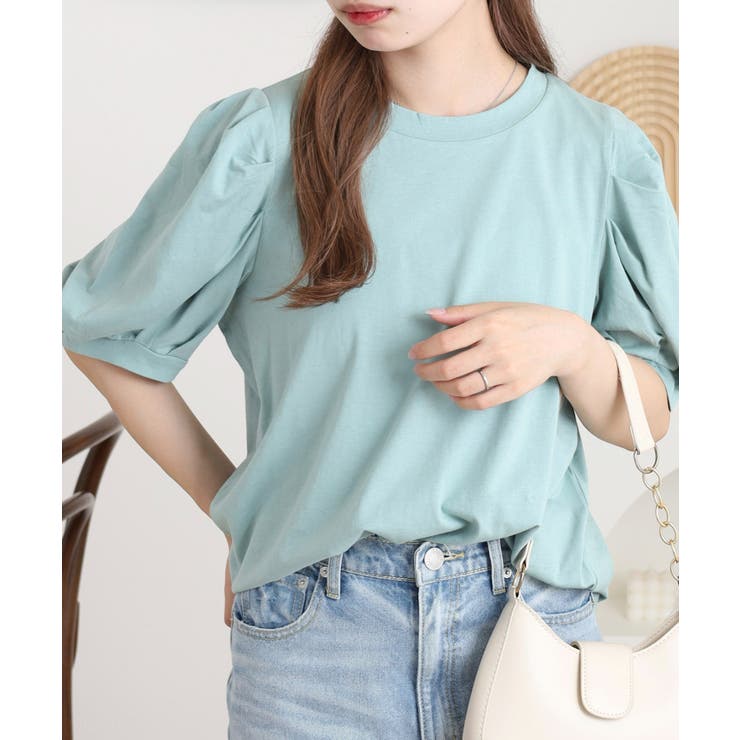 ミント | ラウンドネックパフスリーブ半袖Tシャツ | atONE