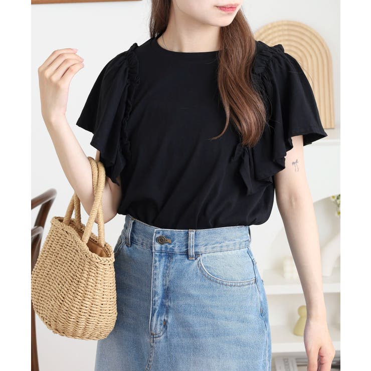 ブラック | ショルダーフリルフレンチスリーブTシャツ | atONE