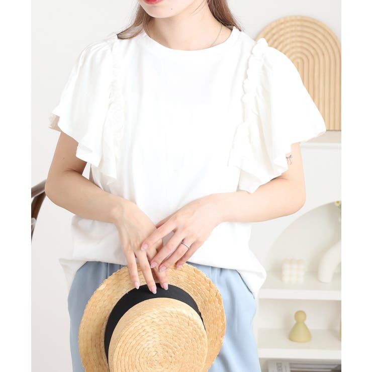 ホワイト | ショルダーフリルフレンチスリーブTシャツ | atONE