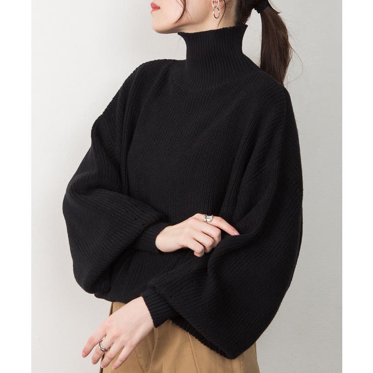 ブラック | タートルネックボリュームニット | atONE