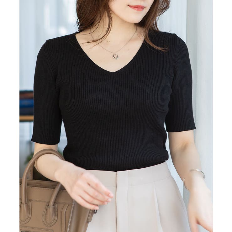 Vネック ブラック | コットンリブニットトップス | atONE