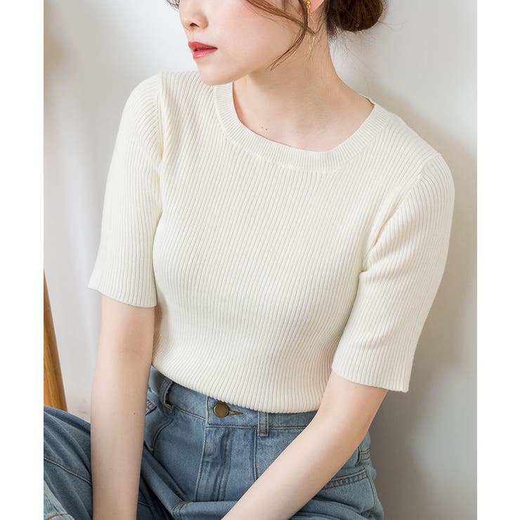 Uネック オフホワイト | コットンリブニットトップス | atONE