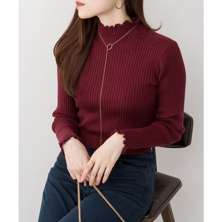 バーガンディ | メロウリブニットトップス | atONE