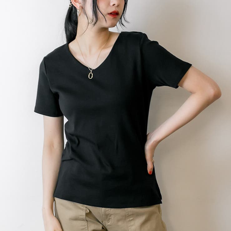 Vネック ブラック | 【選べる2タイプ】綿100％ ダブルフロントTシャツ | atONE