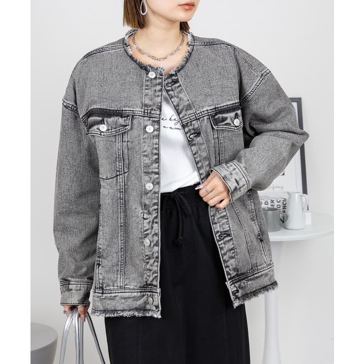 ウォッシュグレー(ノーカラー) | ネックが選べる！カットオフデニムジャケット | atONE
