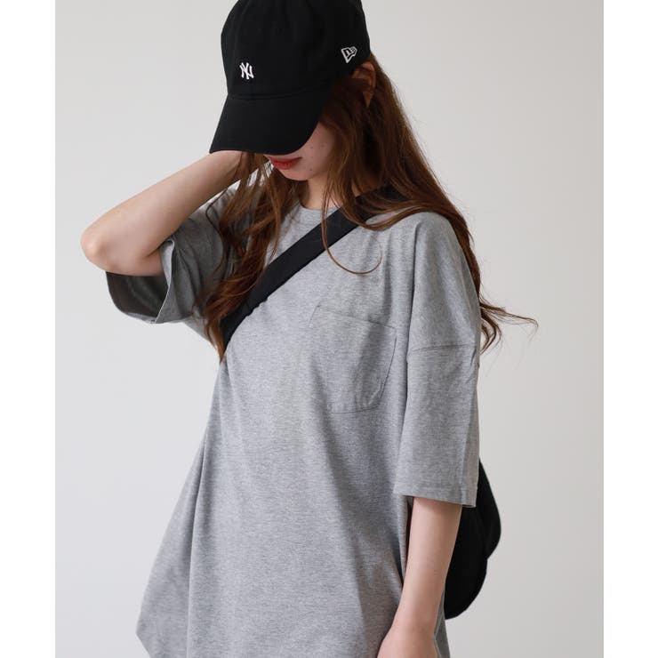 杢グレー | ミニポケット付きオーバーサイズ無地Tシャツ | atONE