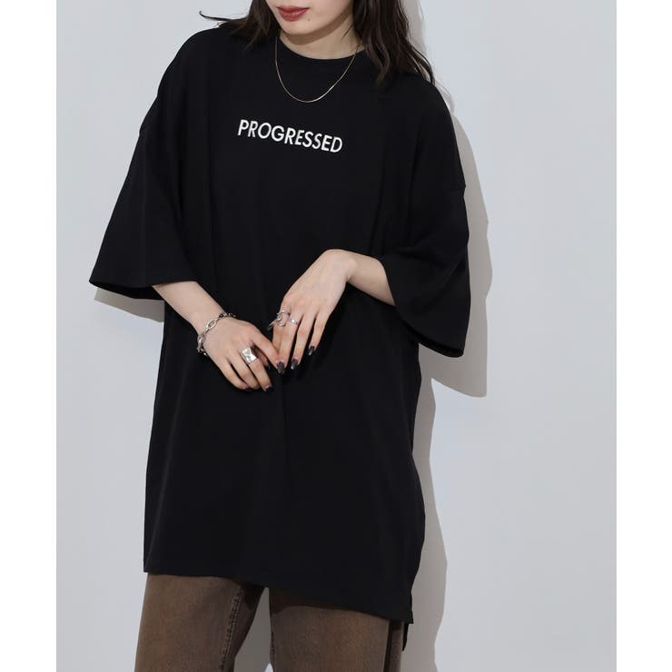 ブラック | 胸元刺繍ロゴスーパーBIGサイズモックネックTシャツ | atONE
